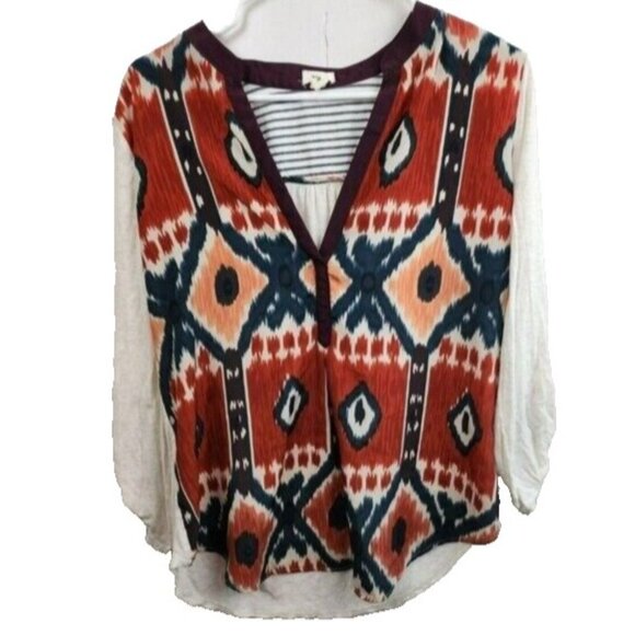 Anthropologie Tops - Anthropologie Tiny Womens Sima Ikat BOHO Top Medium Cream Red Aztec Mixed Media